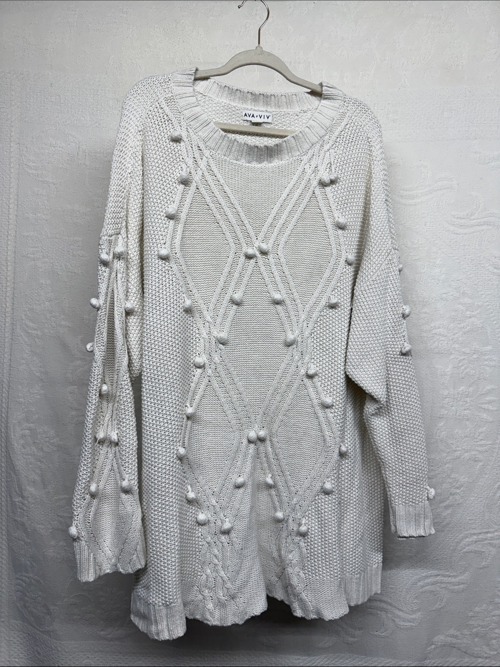 Ava & Viv Cream Pom-Pom Cable Knit Pullover